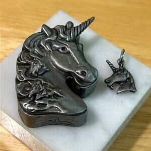 Vintage Torino Unicorn trinket box with earrings and pendant #110